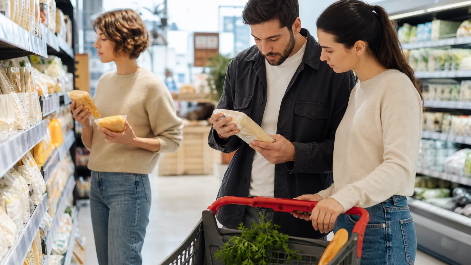 Une consommatrice compare des produits dans un supermarché.