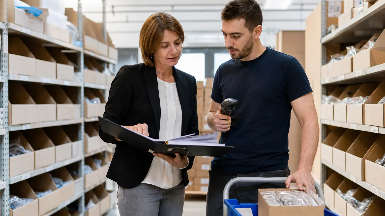Responsable de PME et employé vérifiant l’inventaire dans un entrepôt organisé.