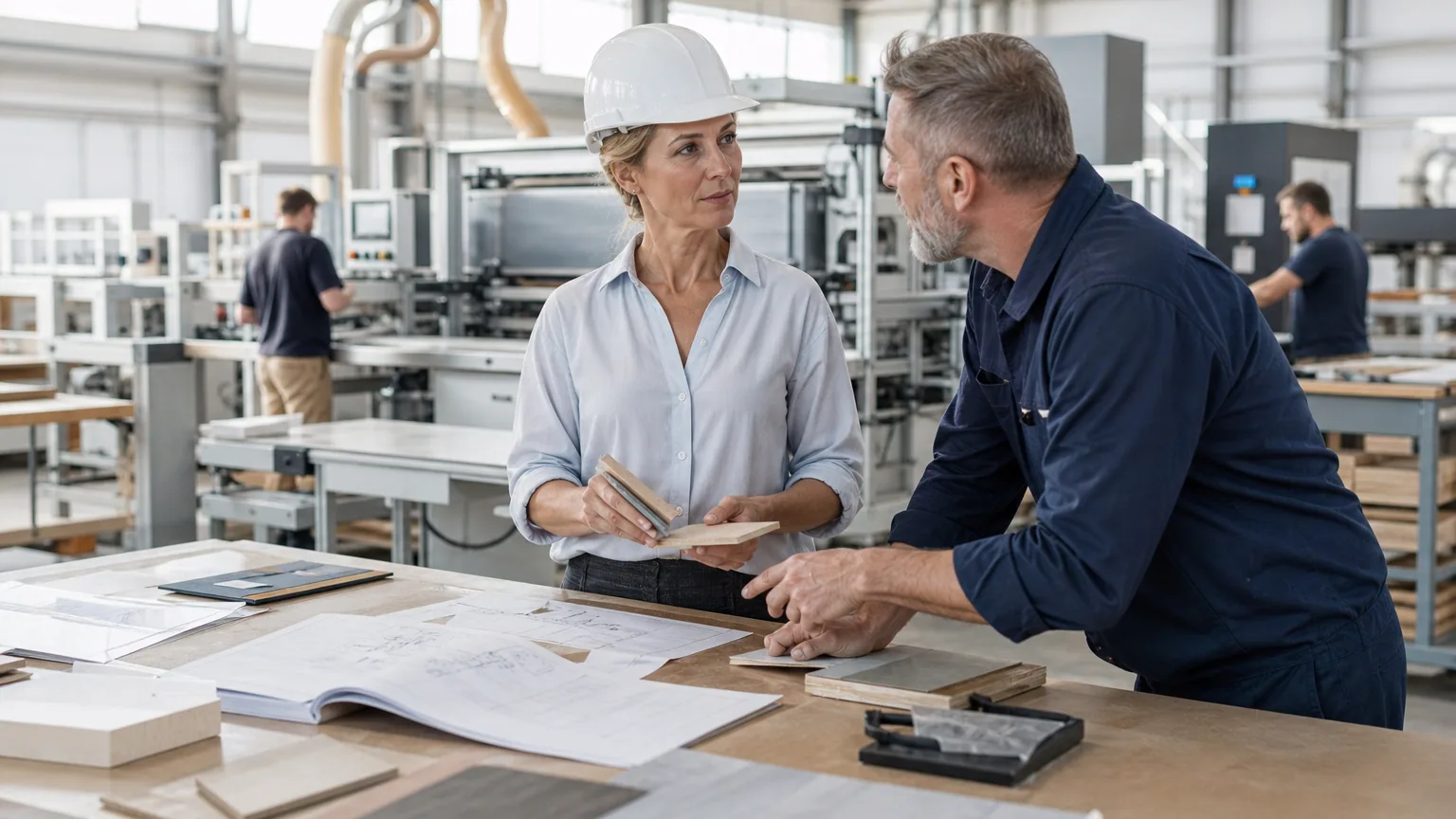 Entrepreneuse et responsable d’atelier discutant dans une usine moderne.