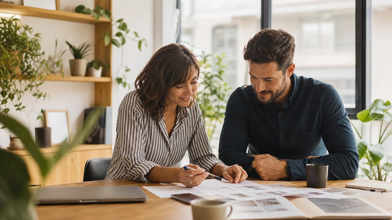 Deux professionnels discutent autour de dossiers clients dans un petit bureau moderne.