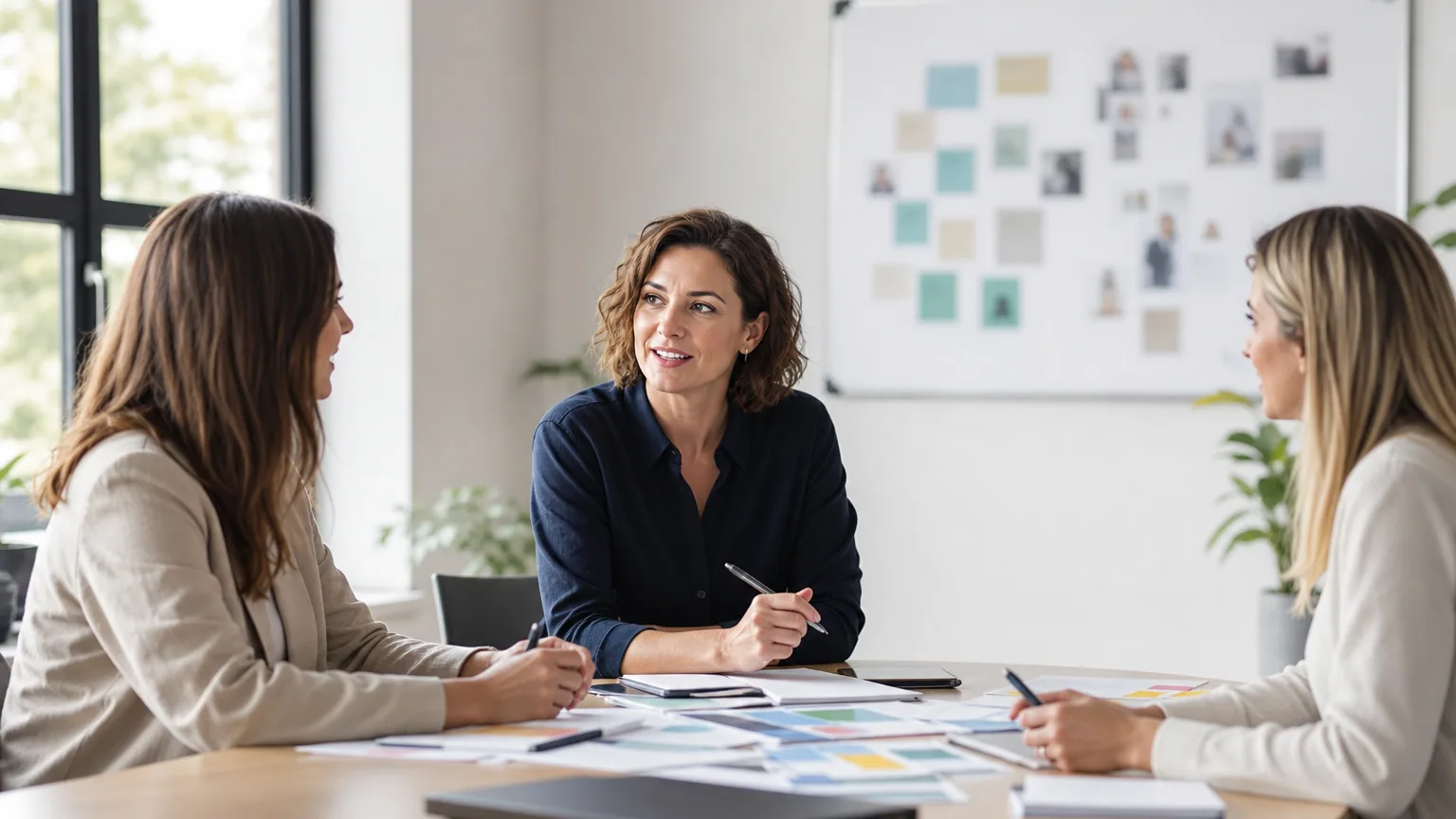 Petite équipe de direction discutant d’outils de gestion des talents dans un bureau.