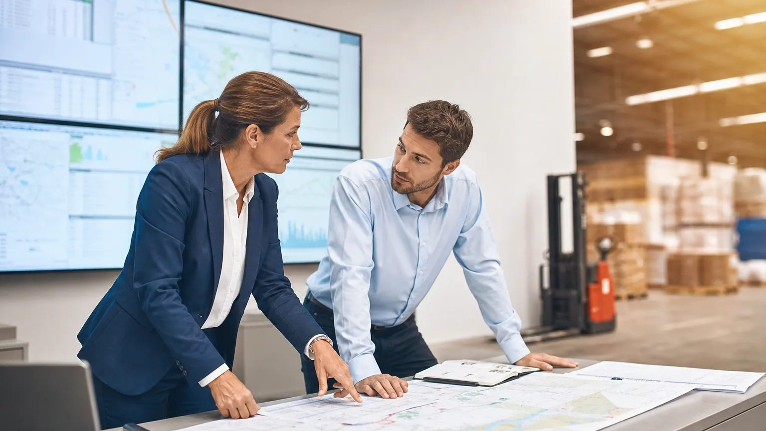 Deux professionnels analysent la performance d’une chaîne logistique dans une salle de contrôle moderne.