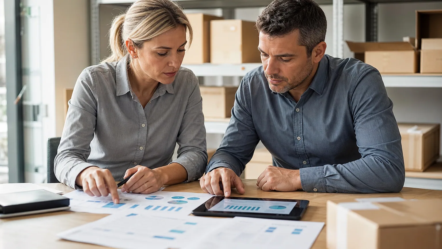 Deux professionnels analysent la performance logistique d’une petite entreprise autour d’outils de suivi et de colis.