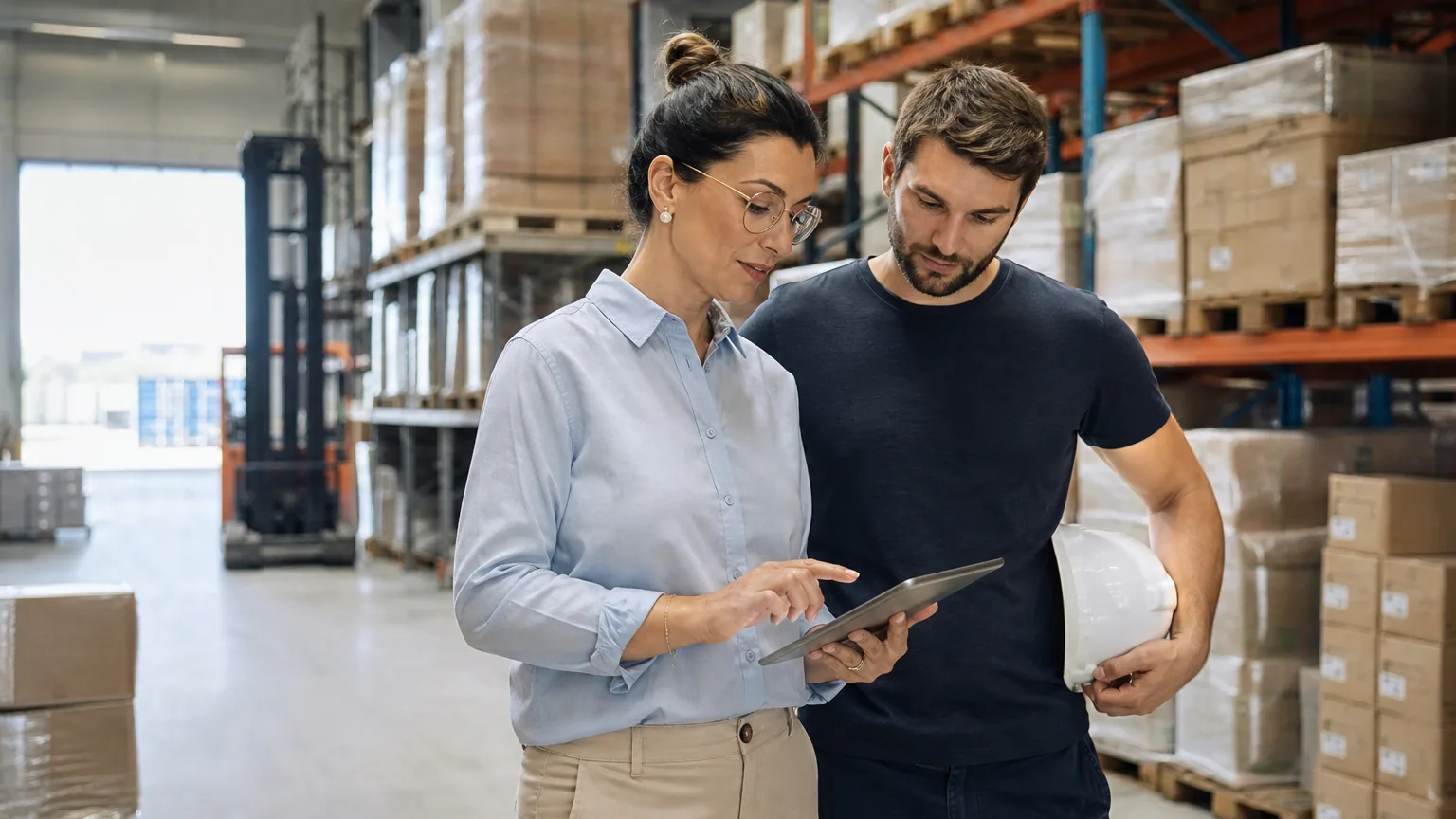 Entrepreneuse et responsable logistique dans un entrepôt, observant une tablette près de rayonnages d’inventaire.
