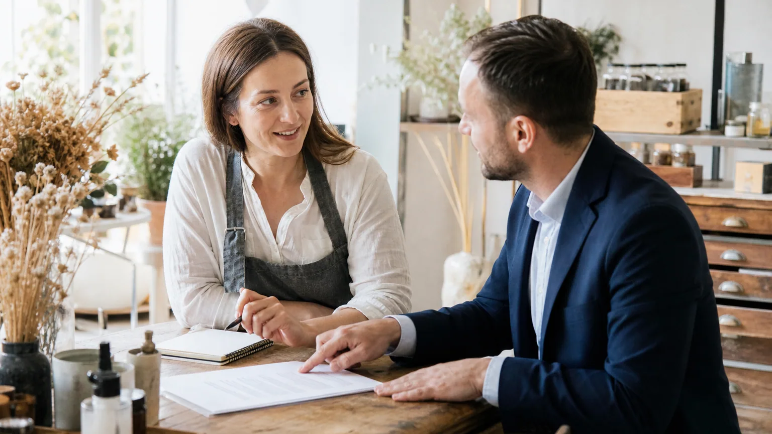 Une entrepreneure discute d’un dossier de financement avec un conseiller dans un atelier.