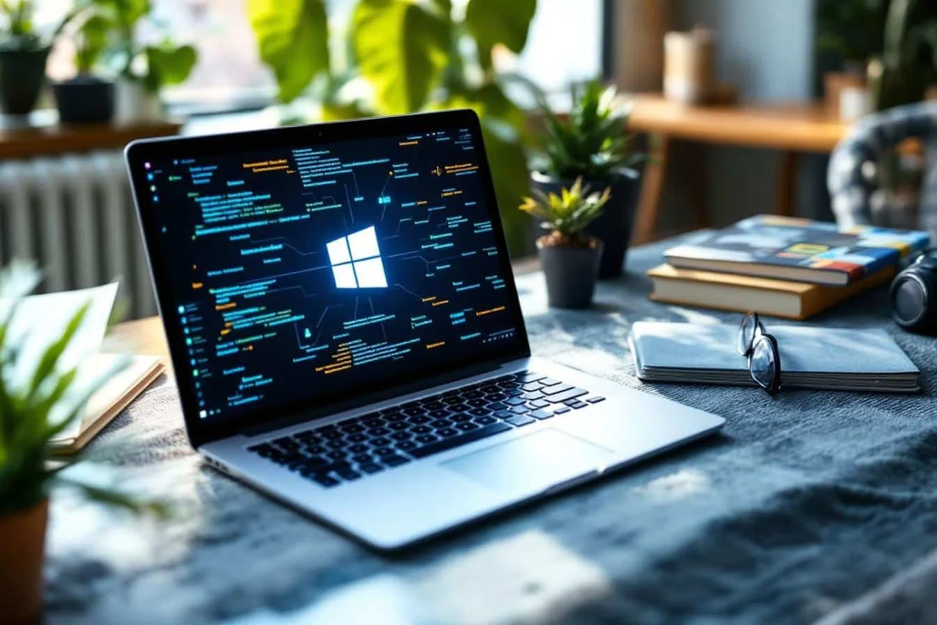 Ordinateur portable affichant l’assistant d’installation de Windows avec une clé USB de démarrage à côté