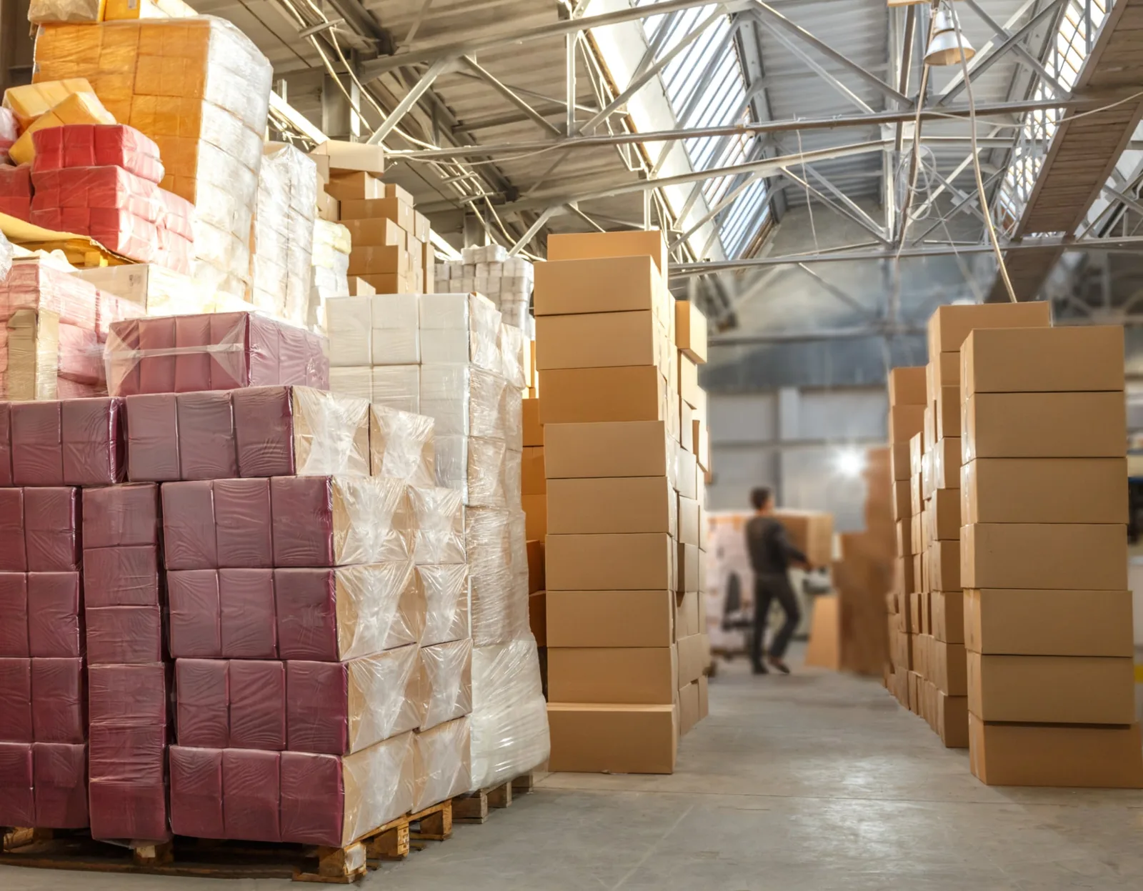 Photo de cartons d’emballage recyclables empilés dans un atelier de fabrication