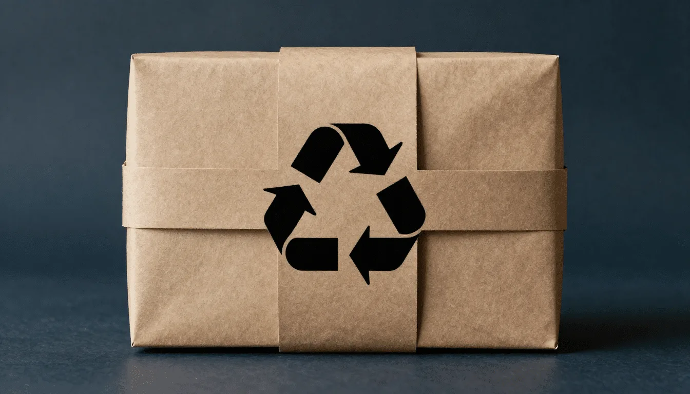 Empilement de boîtes en carton brun recyclables sur une table d’atelier, avec ruban kraft et produits d’expédition