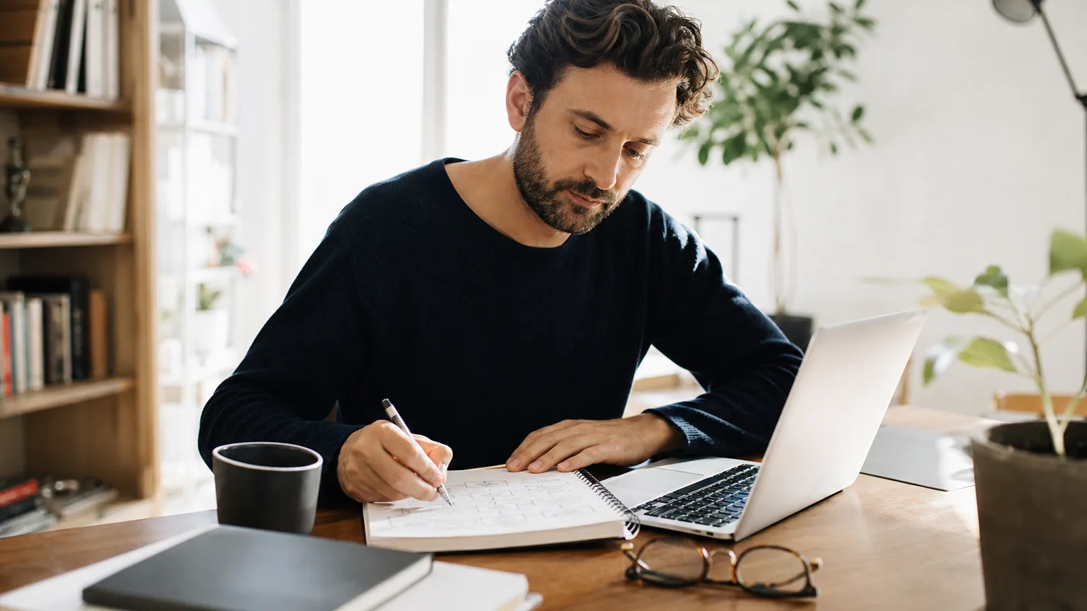 Éditeur web indépendant travaillant sur l’architecture éditoriale d’un site de contenu, tableau de rubriques et calendrier de publication affichés à l’écran