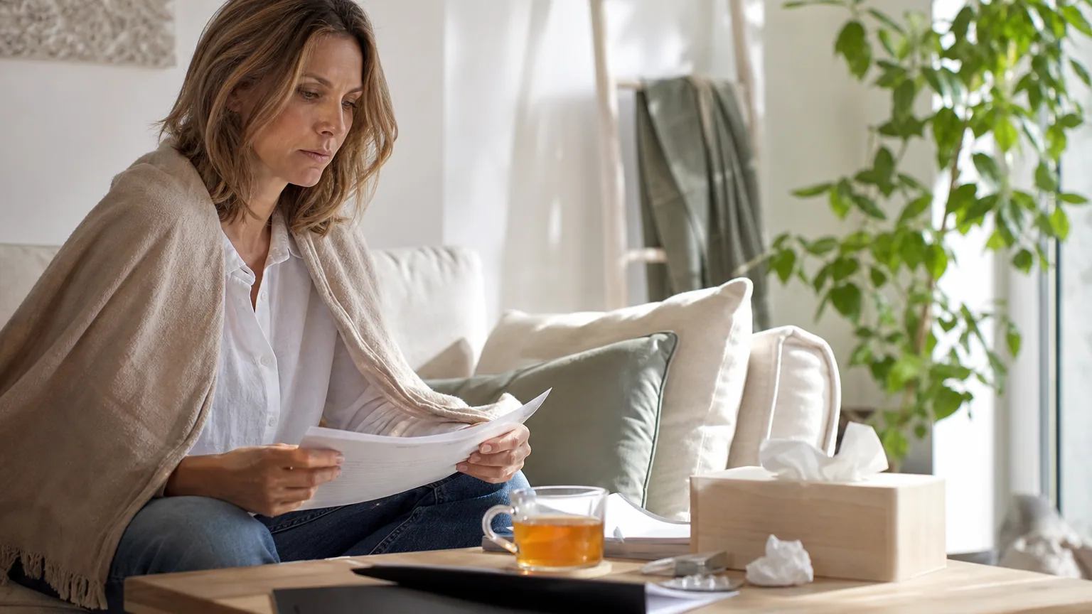 Micro-entrepreneur alité consultant son arrêt de travail et un relevé de revenus sur une tablette pour préparer sa déclaration de chiffre d'affaires