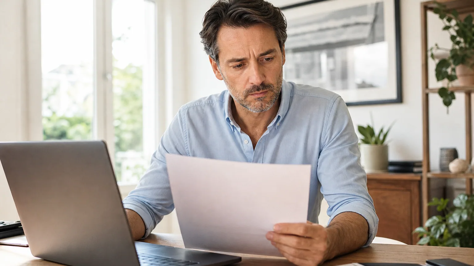 Micro-entrepreneur consultant un courrier officiel de l'Urssaf à son bureau, ordinateur portable ouvert sur son espace de déclaration en ligne