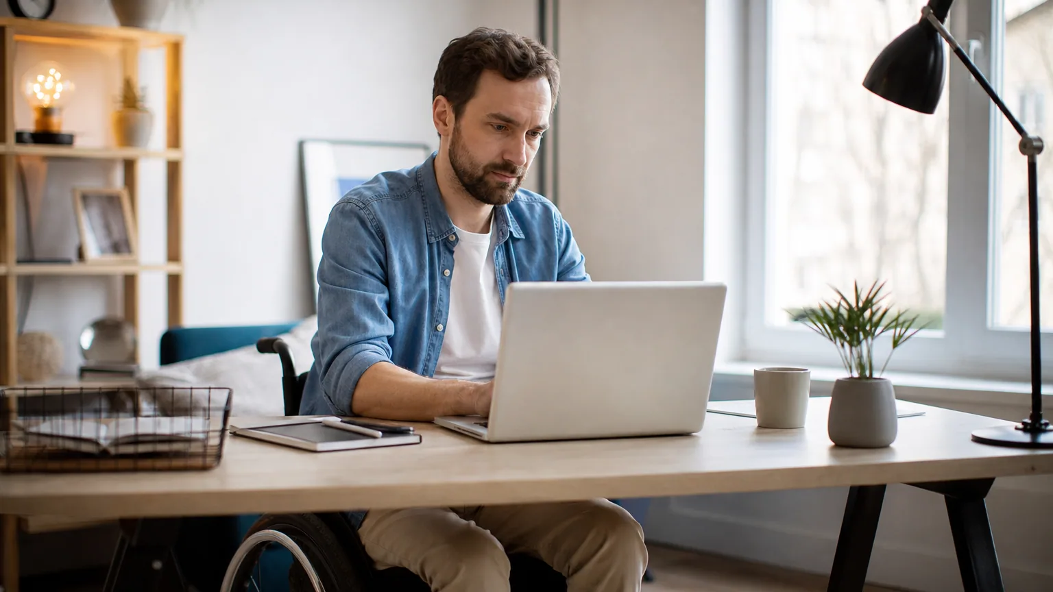 Personne en situation de handicap travaillant comme micro-entrepreneur sur un ordinateur portable dans un intérieur lumineux et accessible