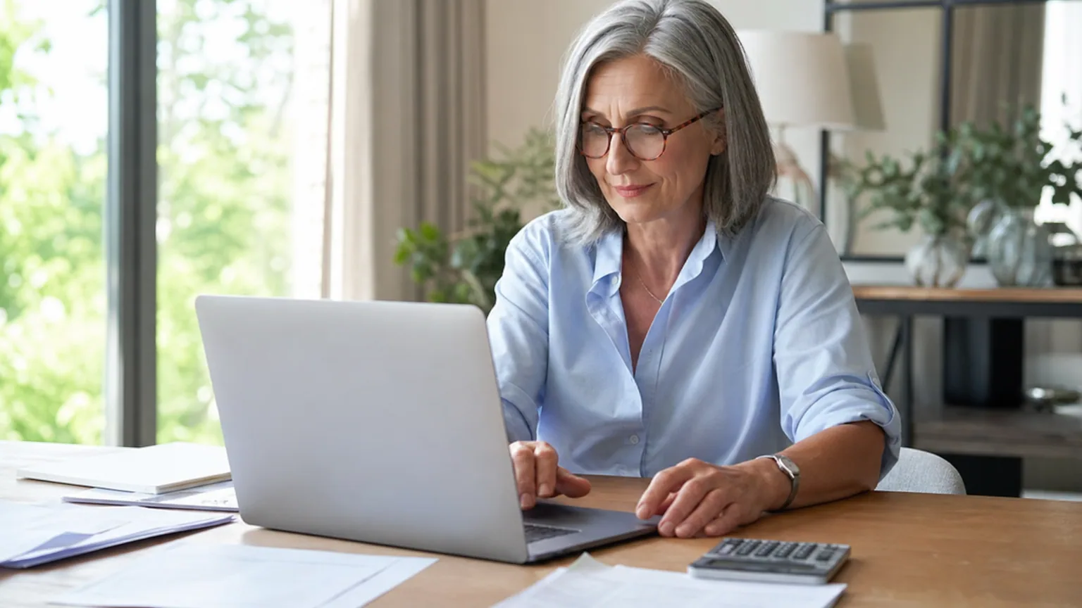 Personne retraitée travaillant comme micro-entrepreneur sur un ordinateur portable à un bureau lumineux, entourée de documents de retraite
