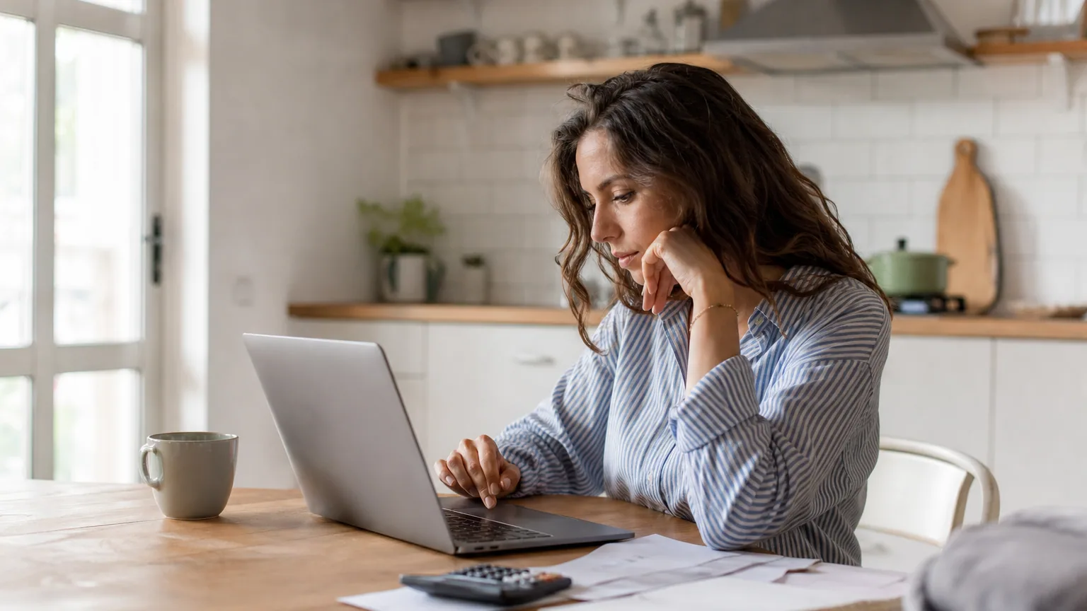 Personne consultant son espace CAF sur un ordinateur portable pour déclarer son chiffre d'affaires de micro-entrepreneur, à côté de justificatifs