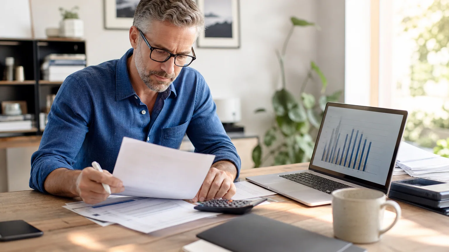 Micro-entrepreneur vérifiant ses factures et son chiffre d'affaires sur une calculatrice et un ordinateur portable, dans un bureau lumineux