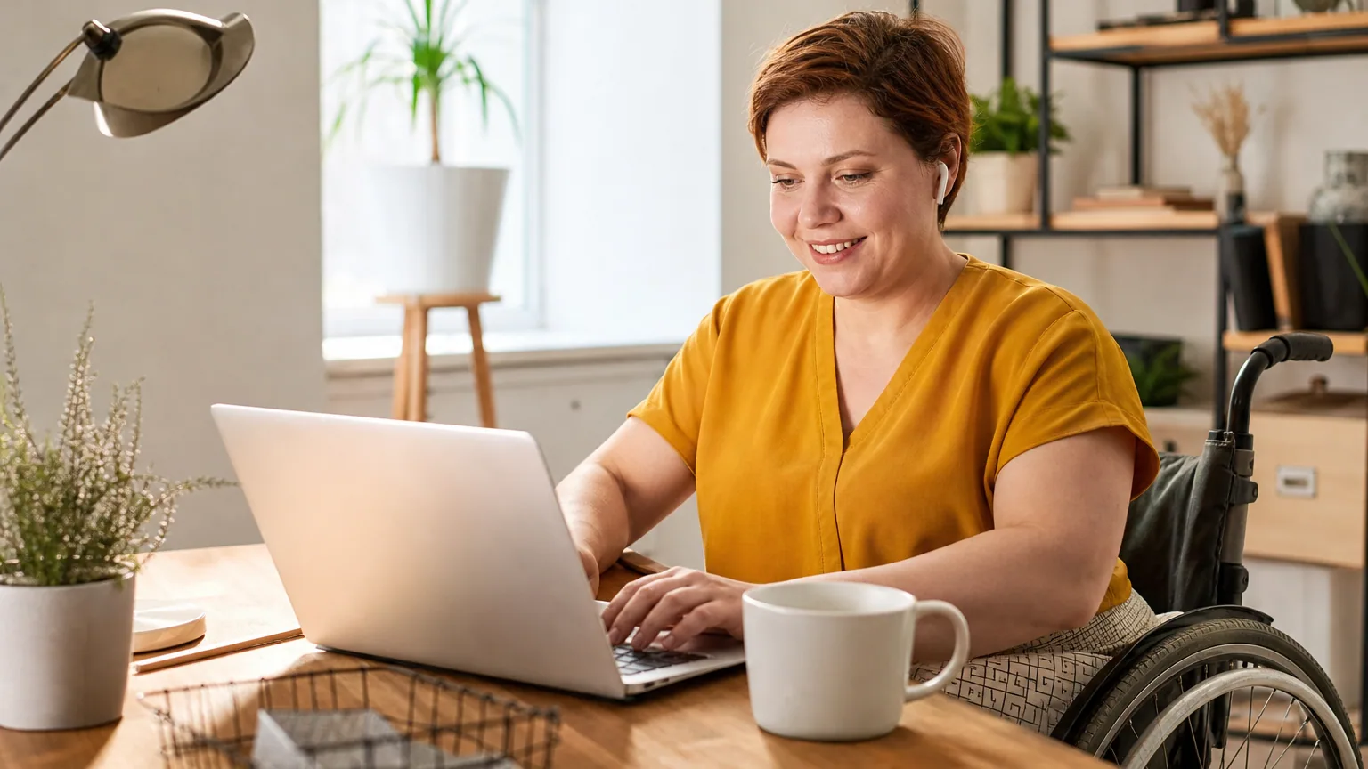 Personne en situation de handicap travaillant avec sérénité à son bureau à domicile, ordinateur portable et documents administratifs