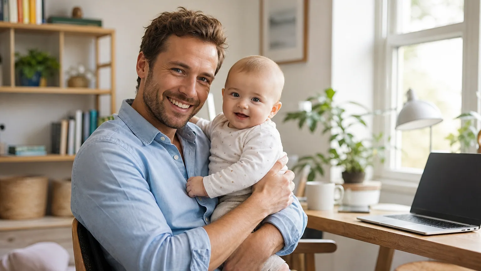 Jeune père micro-entrepreneur tenant son nourrisson dans les bras près d'un bureau à domicile, lumière naturelle et ambiance douce
