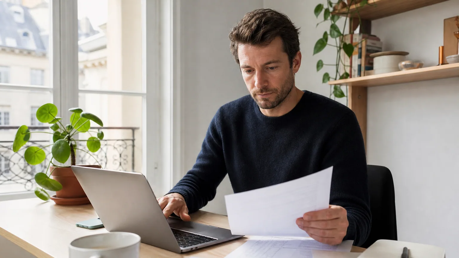 Micro-entrepreneur consultant une facture et un document administratif européen sur son ordinateur portable, bureau lumineux