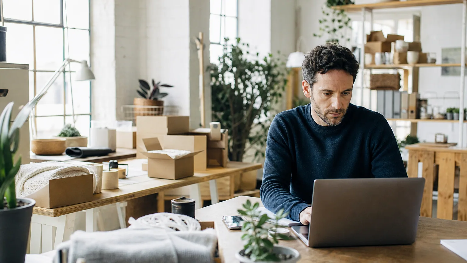 Micro-entrepreneur préparant des colis de vente en ligne d'un côté et travaillant sur un ordinateur de conseil de l'autre, atelier lumineux