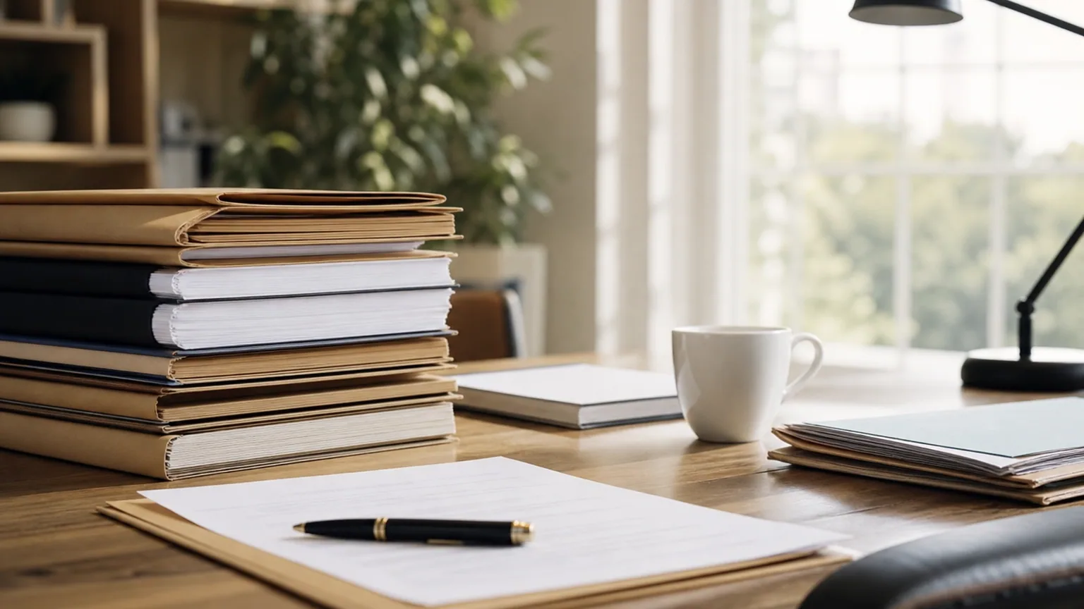 Dossiers administratifs et documents de succession posés sur un bureau, avec un stylo et une tasse de café