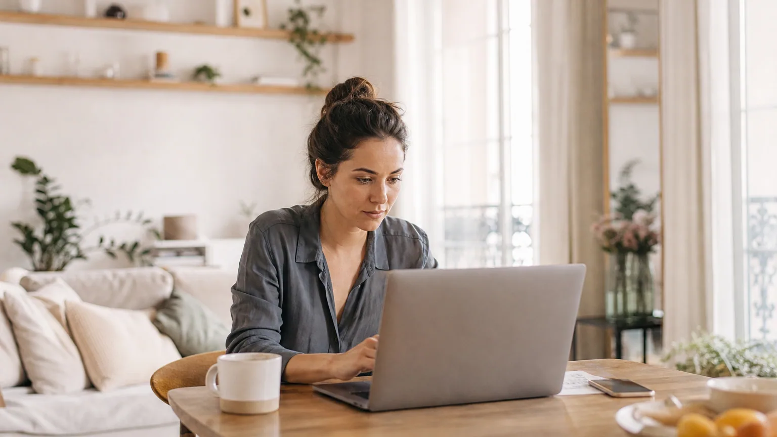 Une micro-entrepreneuse travaille sur son ordinateur portable dans le salon lumineux d'un appartement en copropriété