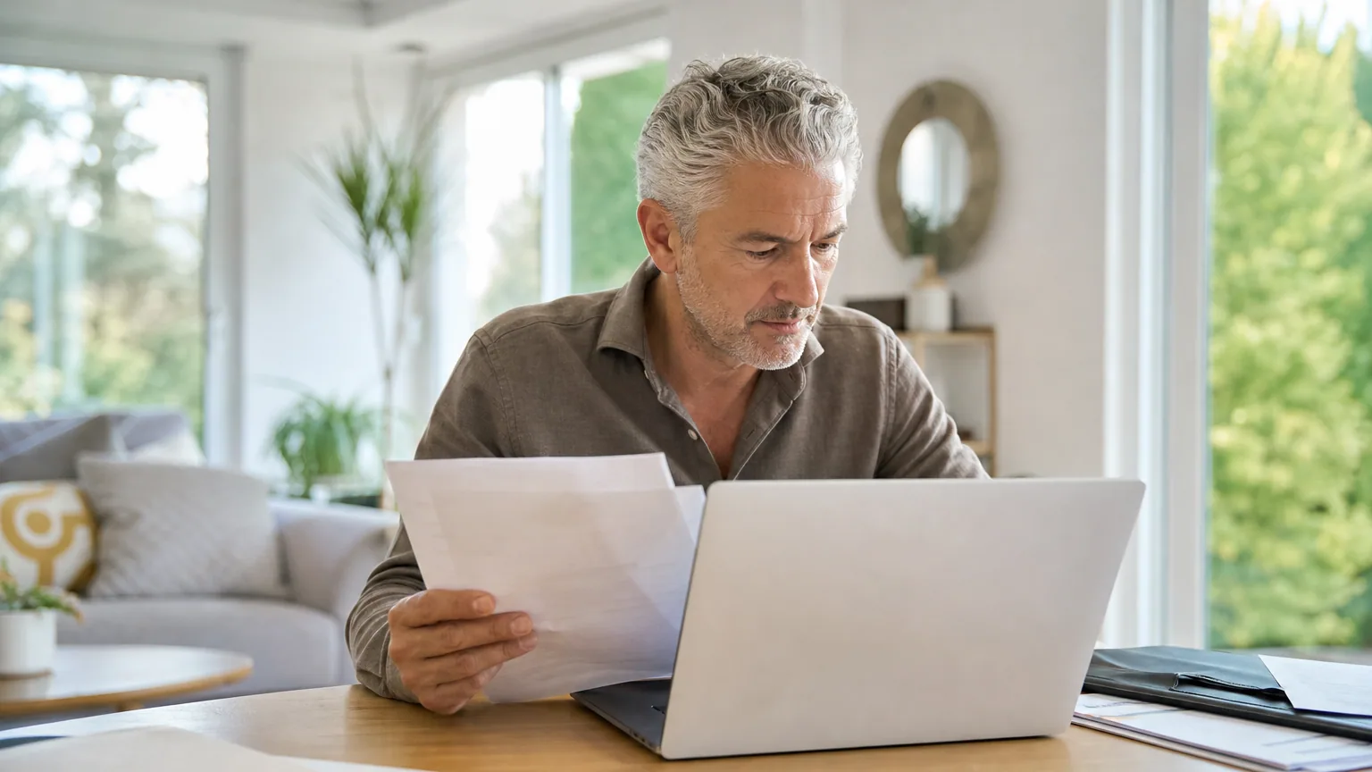 Un indépendant quinquagénaire consulte son relevé de carrière retraite sur un ordinateur portable, dans un bureau lumineux