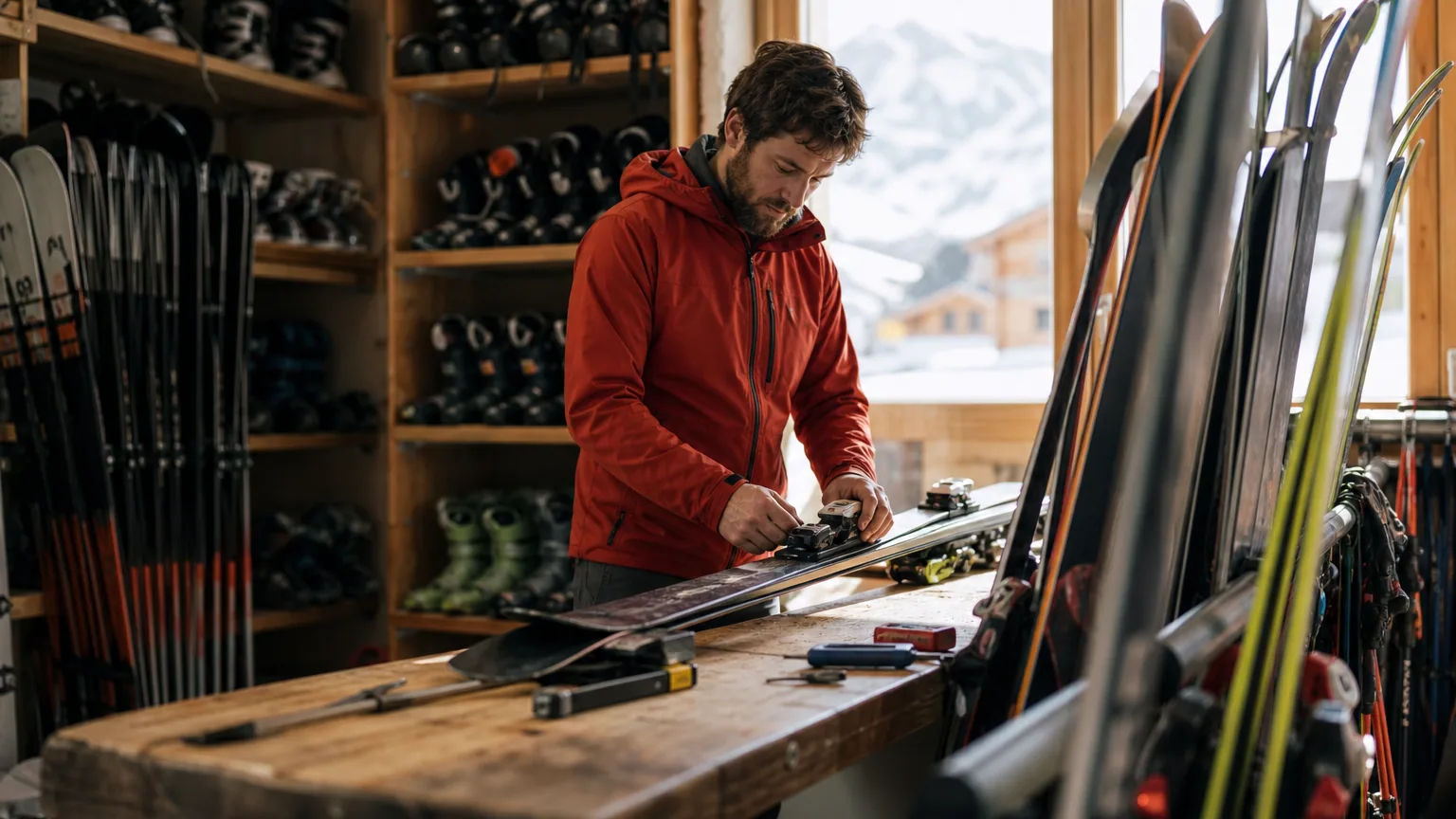 Un moniteur de ski indépendant range son matériel professionnel en fin de saison dans un local de montagne