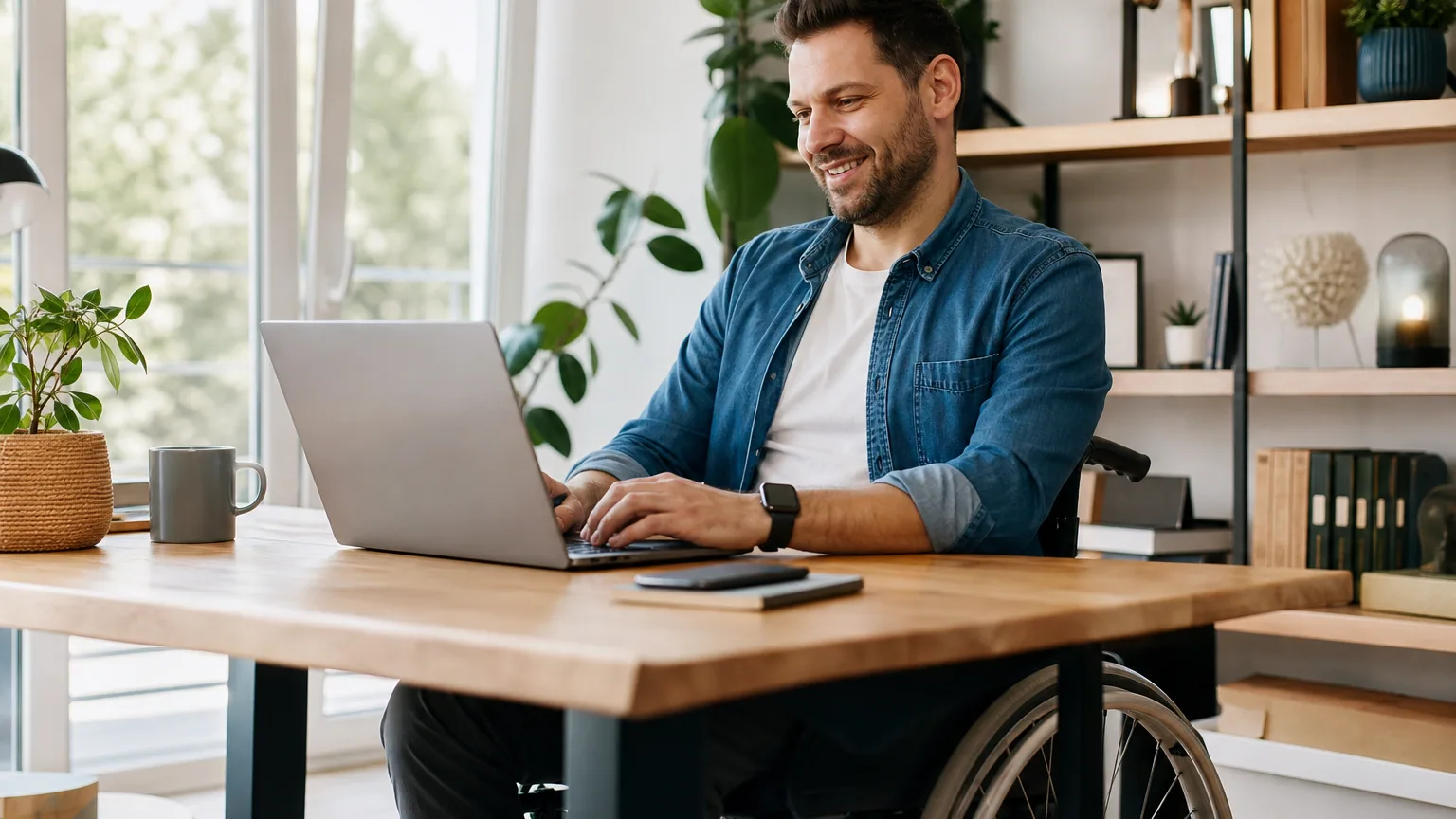 Entrepreneur en fauteuil roulant travaillant sur un ordinateur portable dans un bureau lumineux et bien aménagé