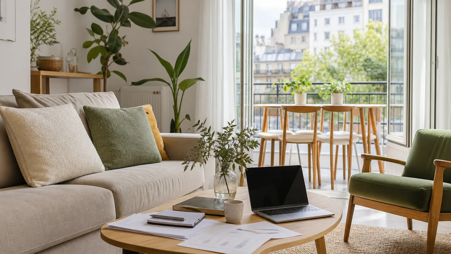 Appartement meublé lumineux prêt à la location, avec un ordinateur portable et des documents de gestion locative sur une table