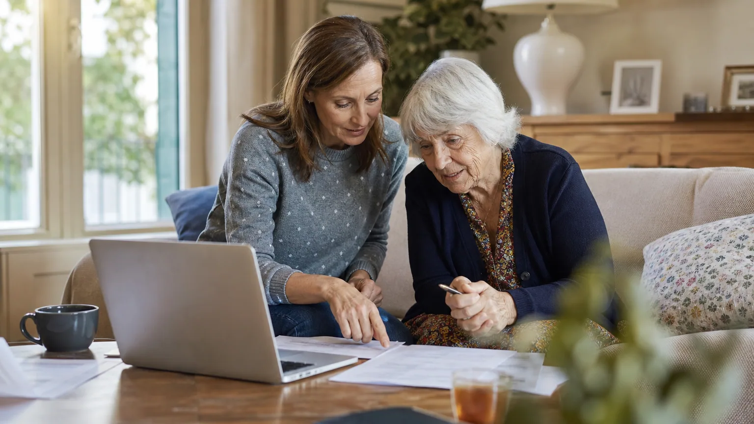 Femme aidant un parent âgé à la maison, avec un ordinateur portable et des documents administratifs posés sur la table