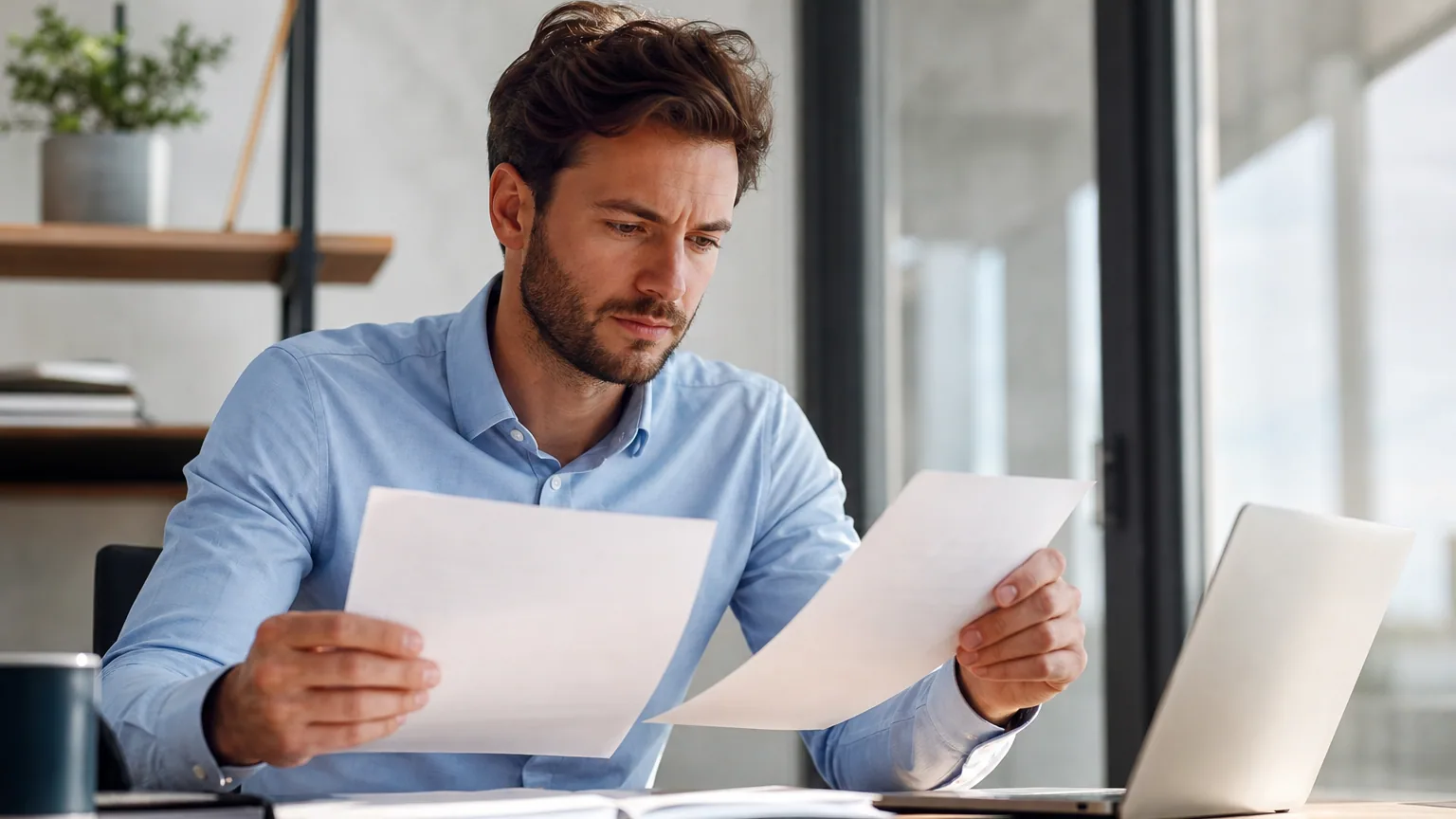 Jeune professionnel relisant un contrat de travail et des documents juridiques sur un bureau, avant de lancer son activité indépendante