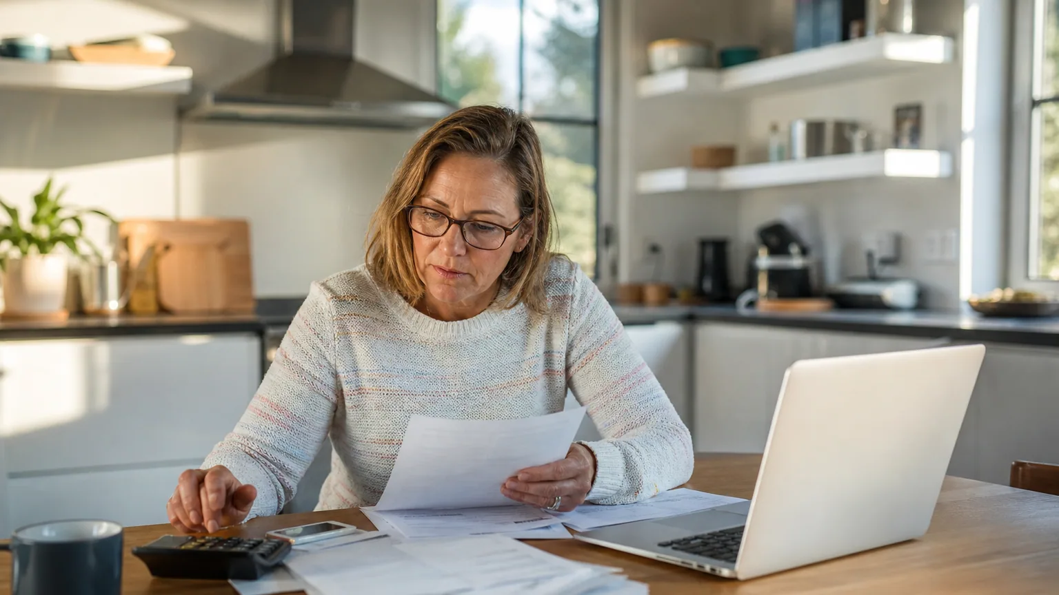 Personne consultant ses relevés de compte et un ordinateur portable à une table de cuisine, calculette à la main