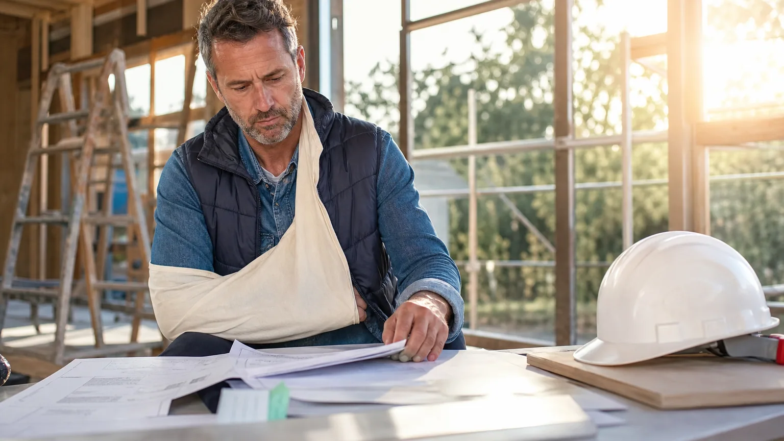 Artisan avec le bras en écharpe consultant des documents administratifs sur un chantier