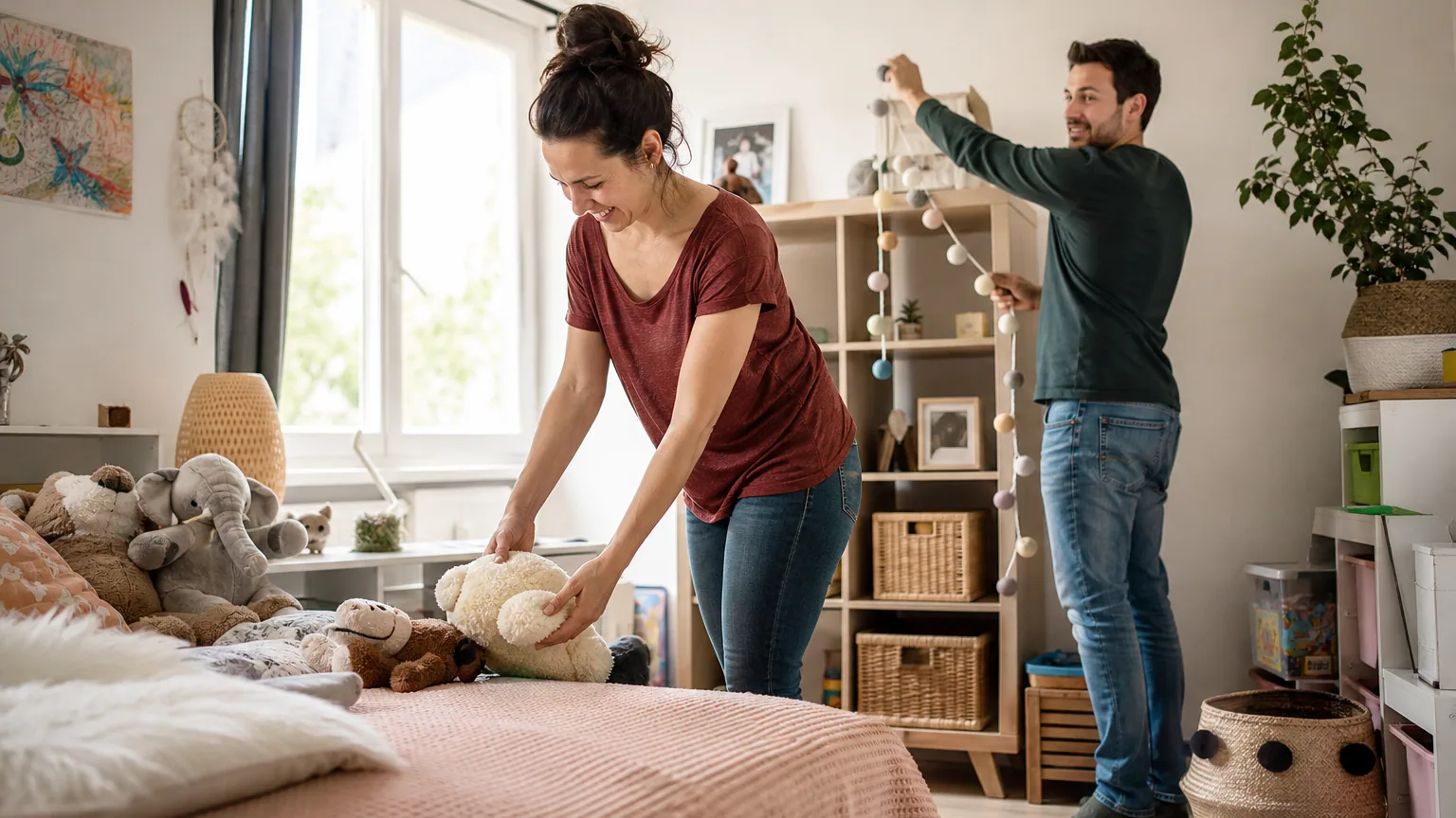 Couple de parents adoptifs, l'un d'eux micro-entrepreneur, installant la chambre d'un enfant nouvellement arrivé au foyer