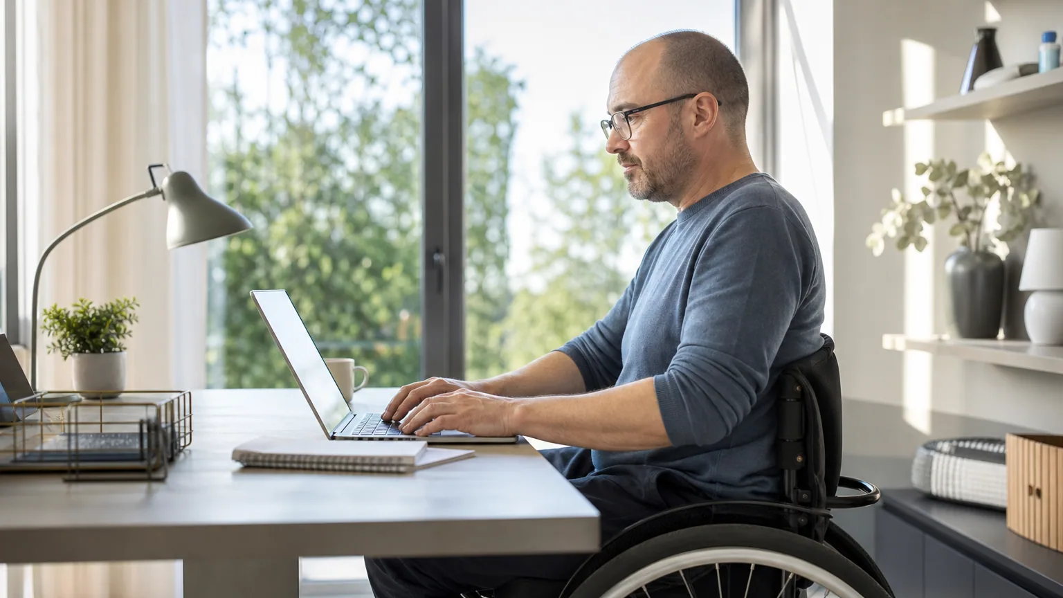 Personne en situation de handicap travaillant à son compte depuis un bureau à domicile adapté