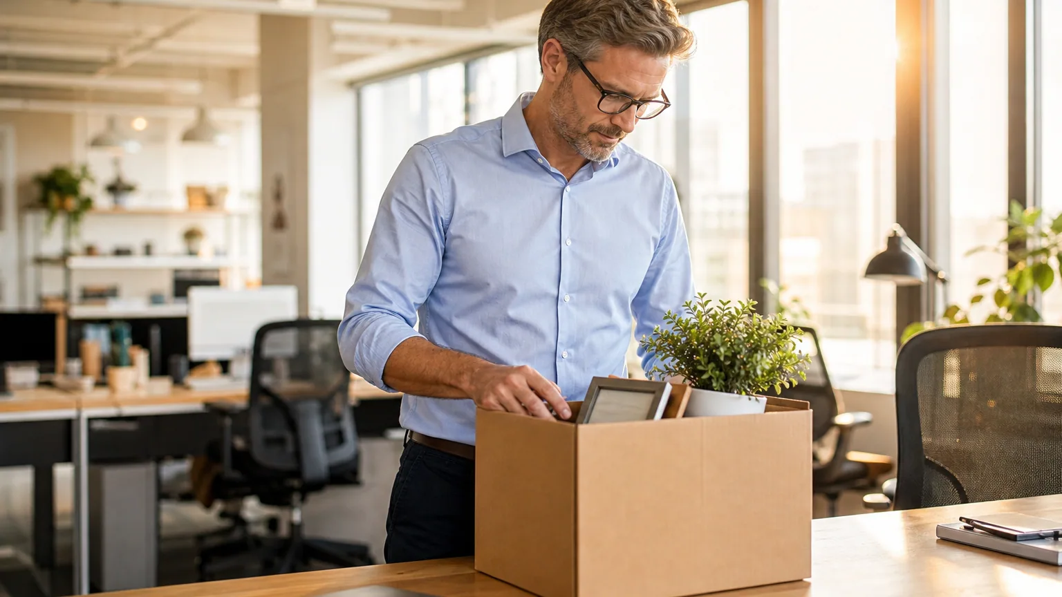 Personne en tenue de bureau qui range ses affaires sur son poste de travail, ordinateur portable fermé, avant un départ