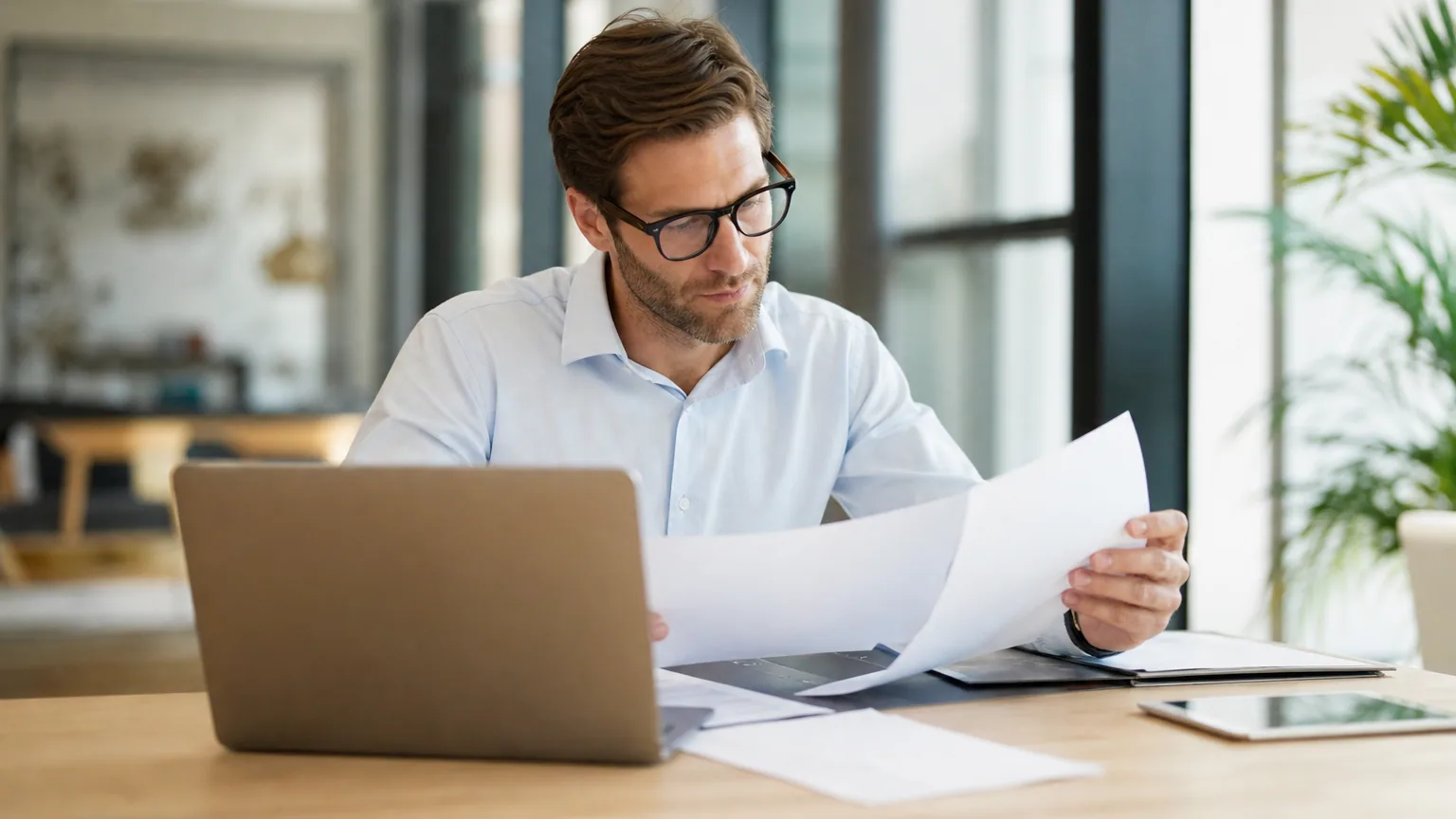 Personne travaillant sur un ordinateur portable avec deux dossiers d'entreprise distincts posés sur le bureau