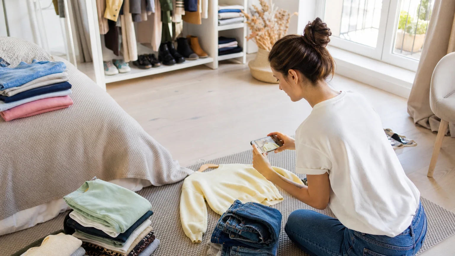 Personne photographiant des vêtements pliés avec un smartphone pour les publier sur une application de vente d'occasion