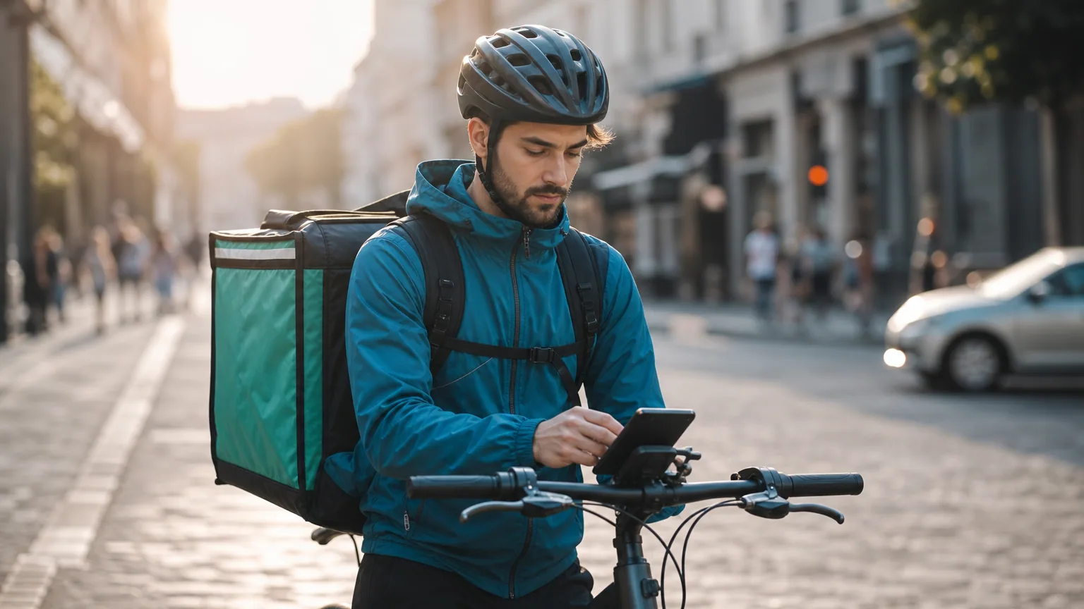 Livreur à vélo avec un sac isotherme sur le dos consultant son smartphone dans une rue de ville