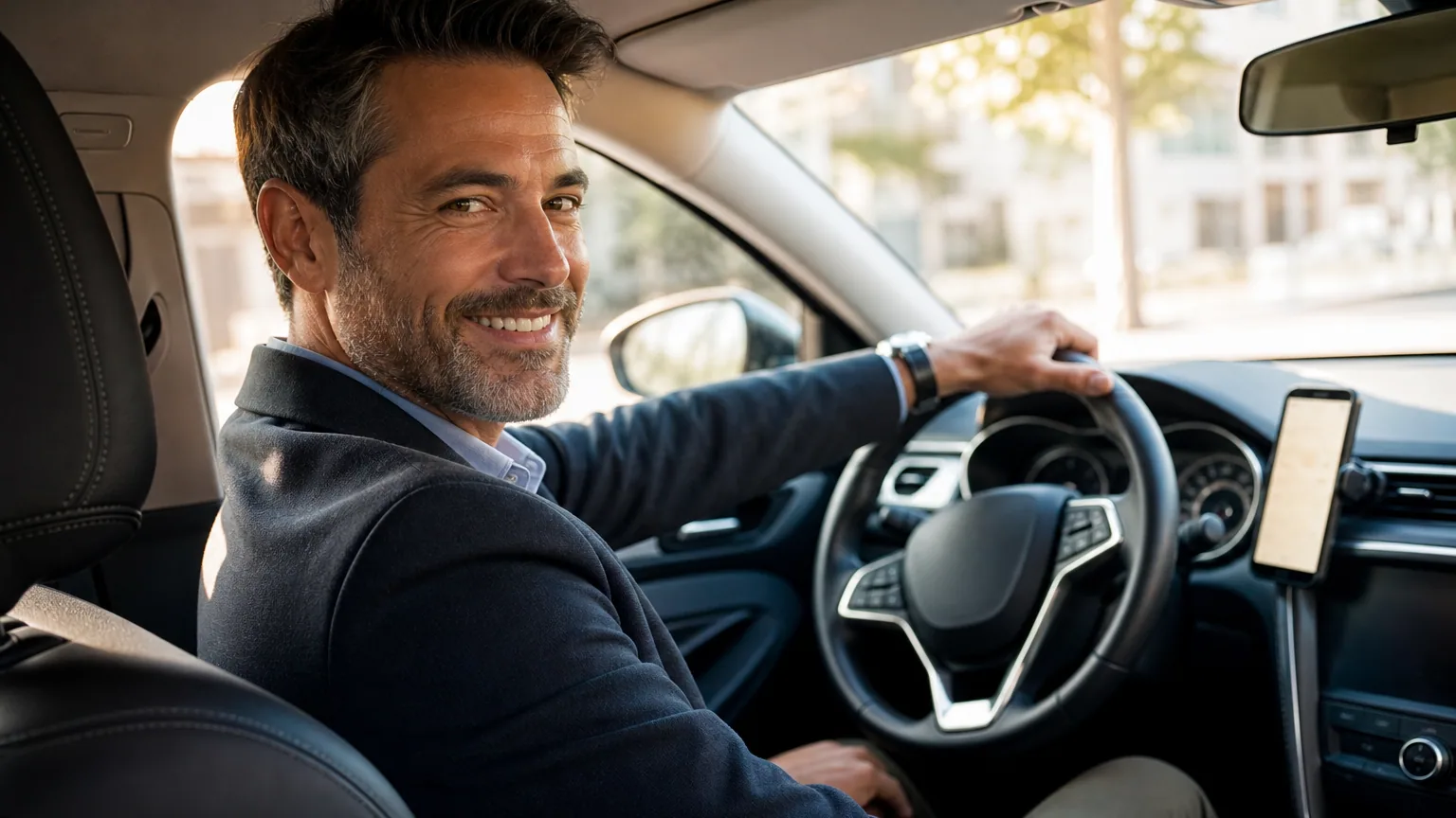 Chauffeur VTC au volant de sa voiture consultant l'application de réservation sur son smartphone fixé au tableau de bord