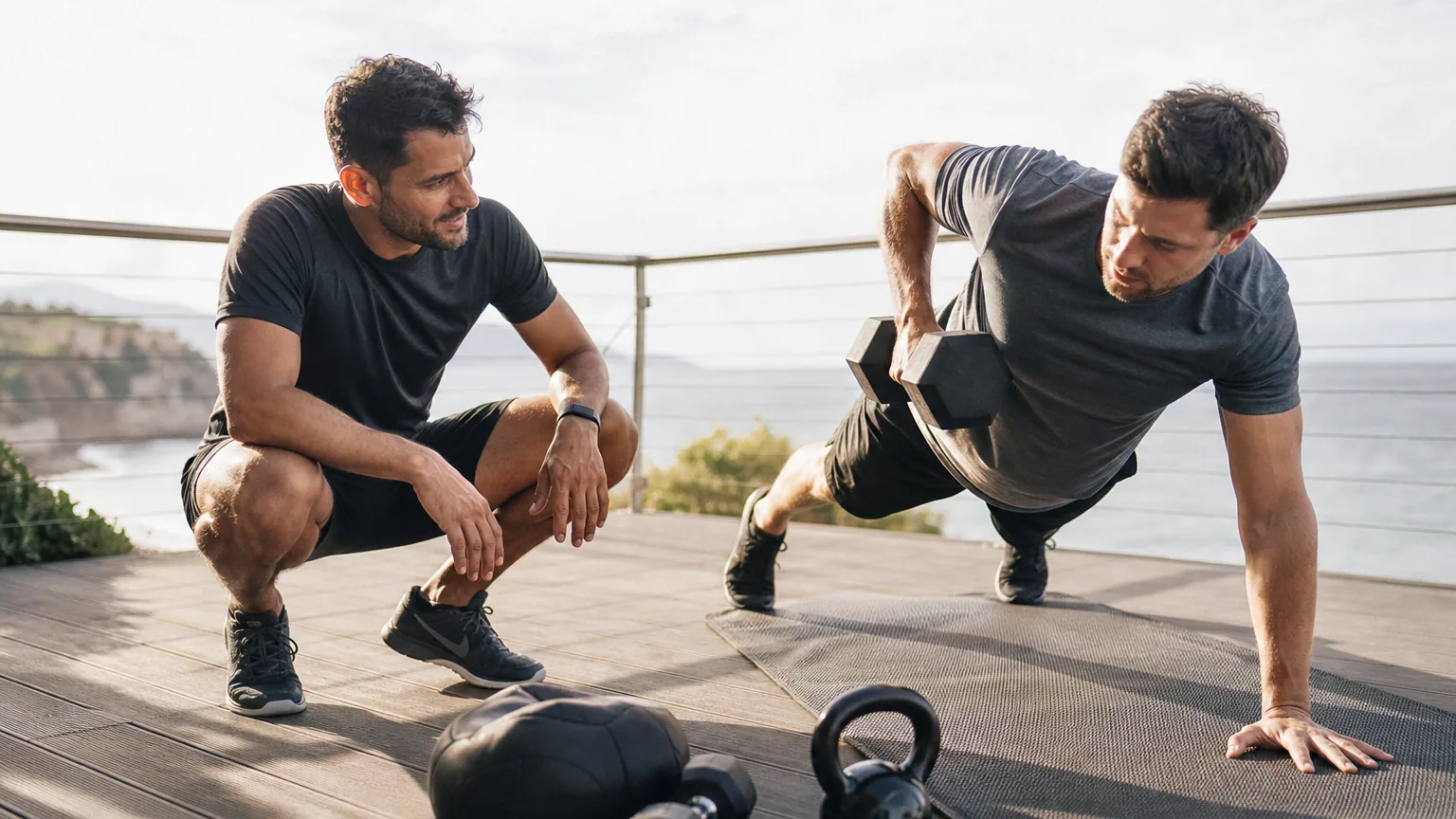 Coach sportif encadrant une séance d'entraînement en extérieur avec un client, tapis et haltères au sol