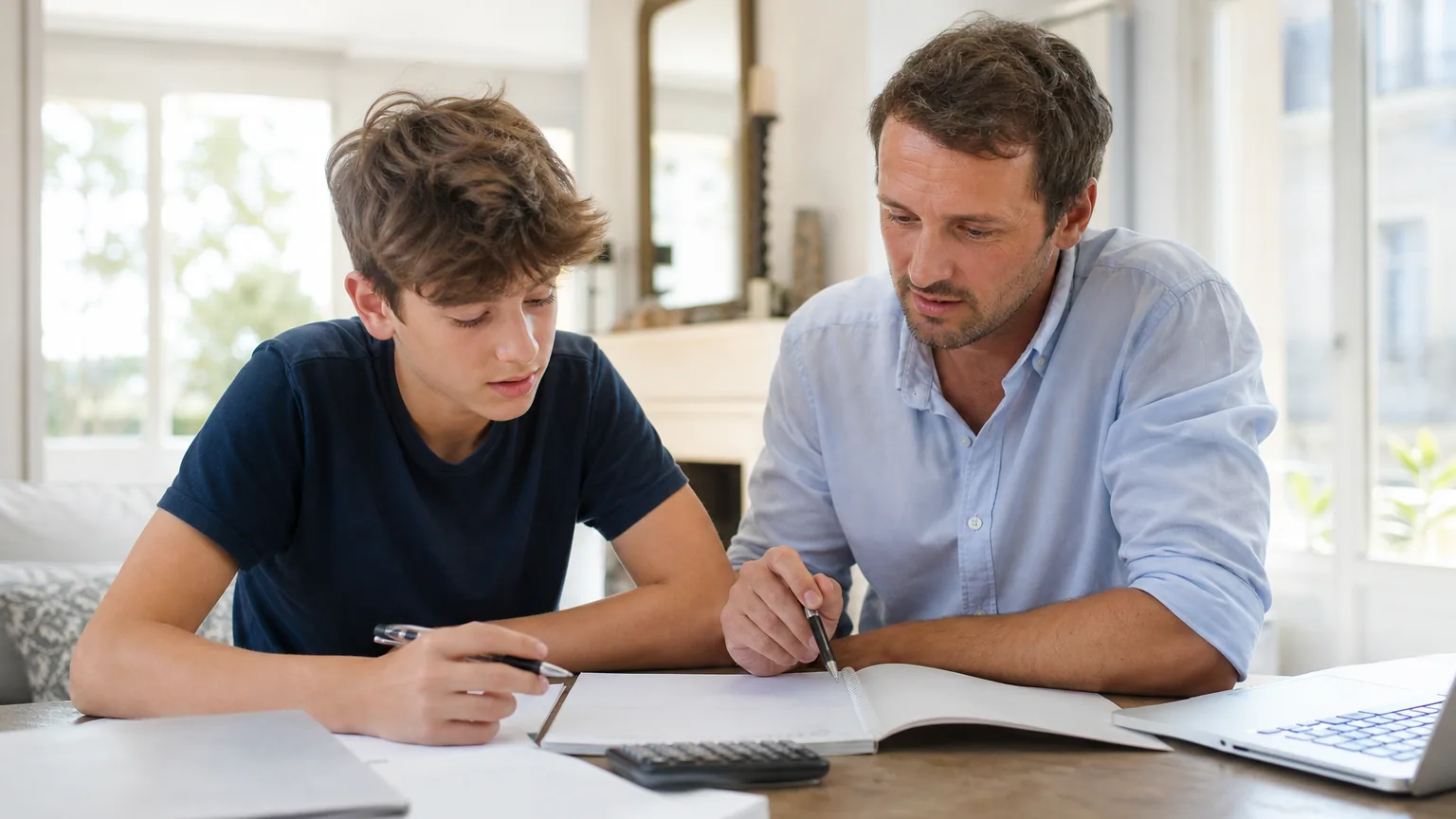 Professeur particulier donnant un cours à un élève à domicile, cahiers et ordinateur portable posés sur la table du salon