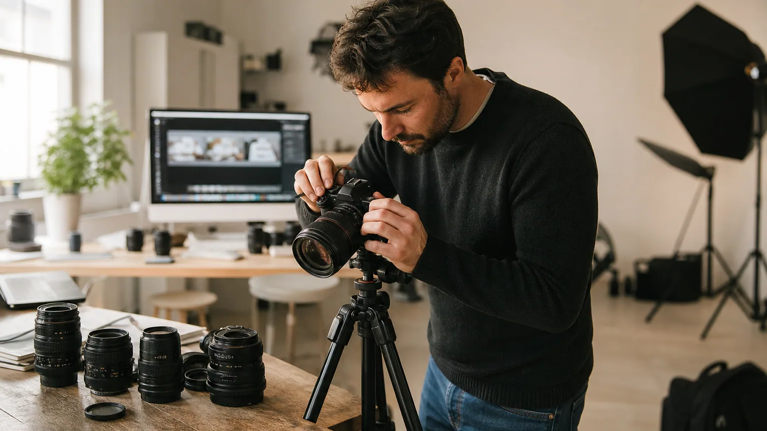 Photographe indépendant réglant son boîtier reflex dans son studio, objectifs et ordinateur de retouche à l'arrière-plan