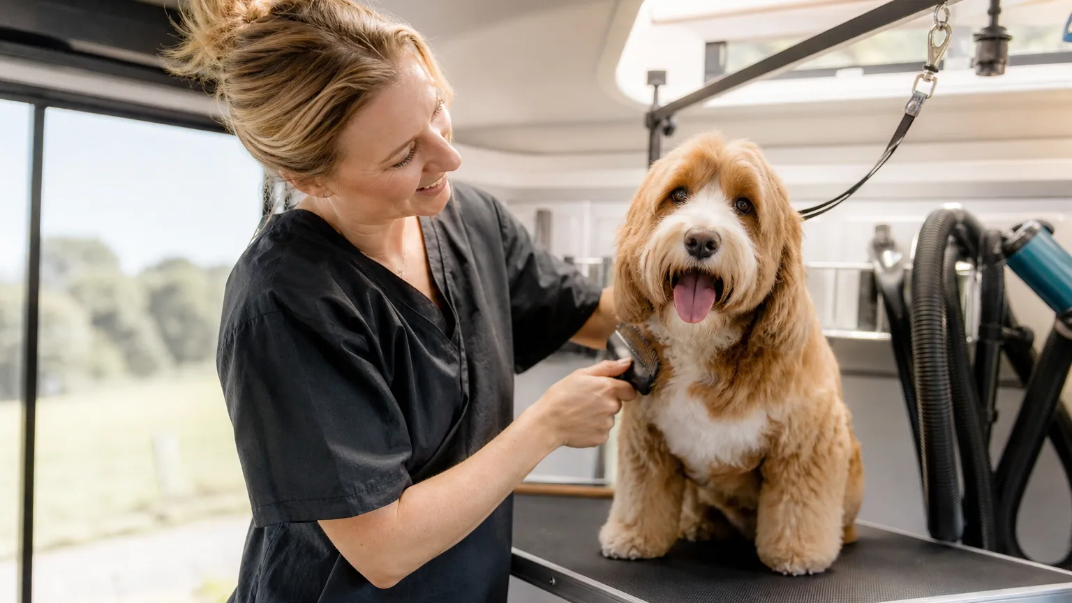 Toiletteur professionnel brossant un chien installé dans un van aménagé de toilettage itinérant