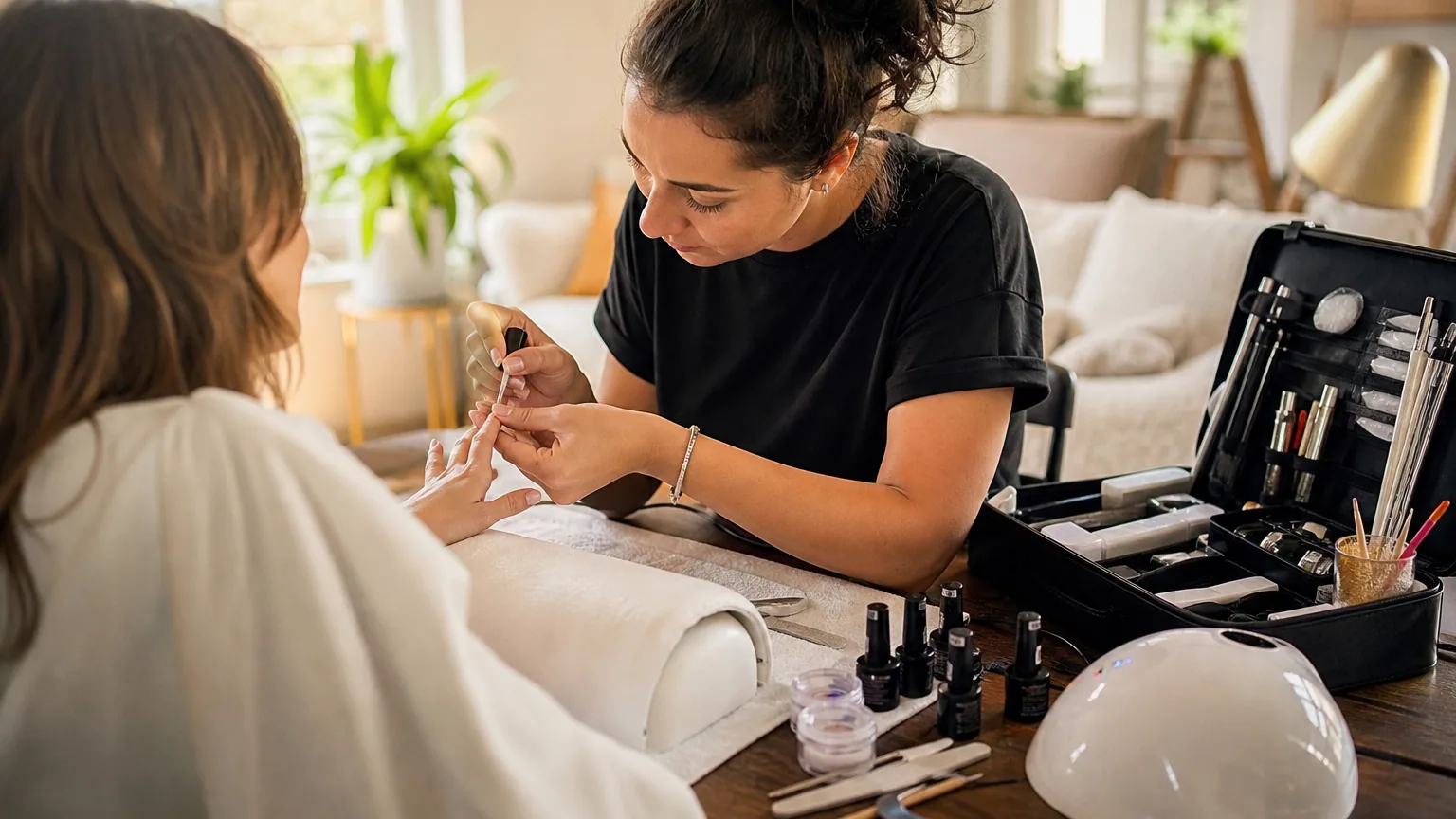 Prothésiste ongulaire posant un vernis semi-permanent sur les ongles d'une cliente, mallette de matériel ouverte sur la table