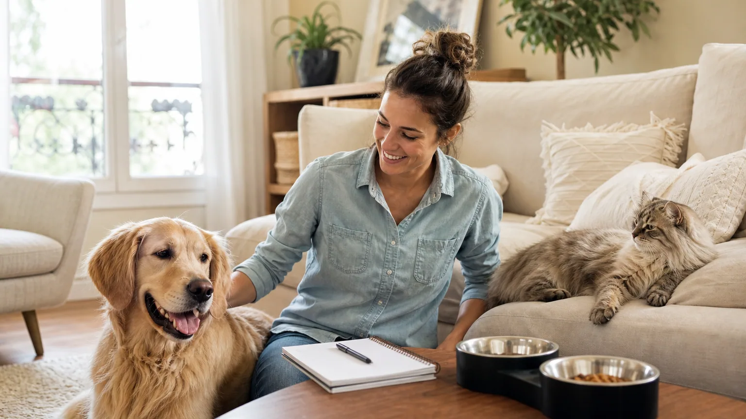 Pet-sitter agenouillée dans un salon, entourée d'un chien et d'un chat, carnet de suivi et gamelles posés sur la table basse