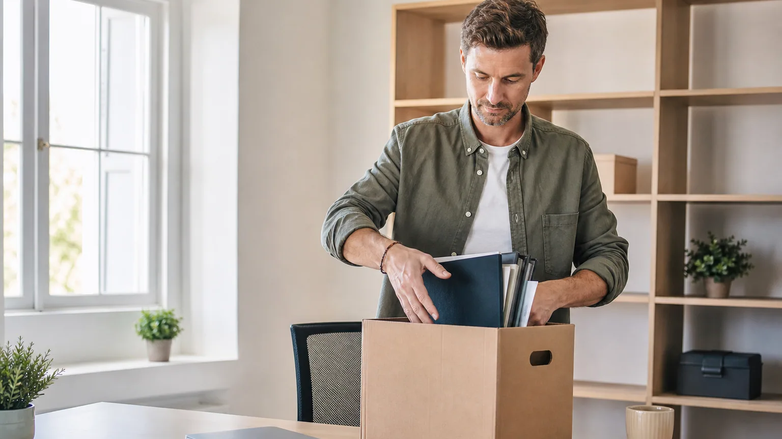 Entrepreneur rangeant des dossiers et des classeurs dans un carton sur un bureau en fin d'activité