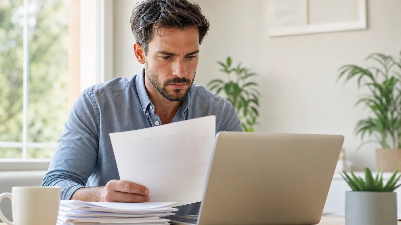 Indépendant consultant une facture sur un écran d'ordinateur portable à côté de documents papier sur un bureau clair