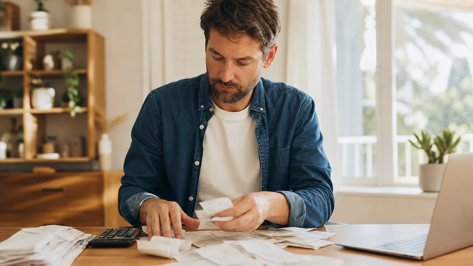 Indépendant classant des tickets de caisse et des reçus à côté d'une calculatrice et d'un ordinateur portable