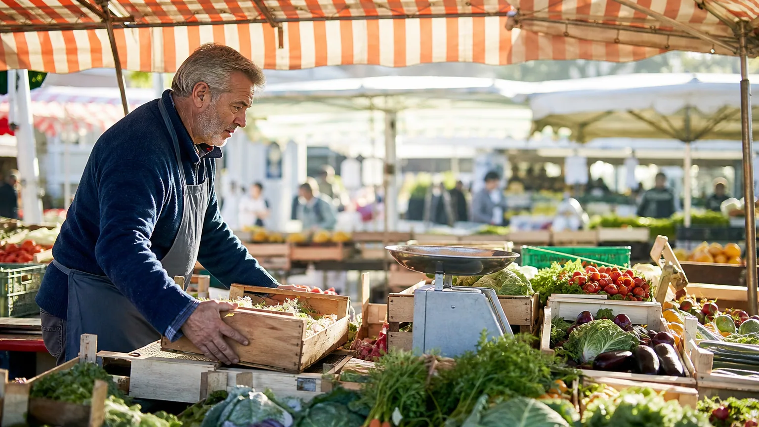 Commerçant installant son étal de fruits et légumes sous une bâche sur un marché de plein air le matin